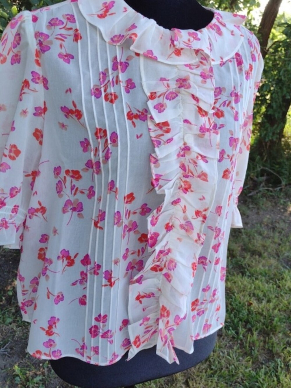 Cabi Sheer White Ruffle Floral Blouse - Women's Top Puff Sleeves.